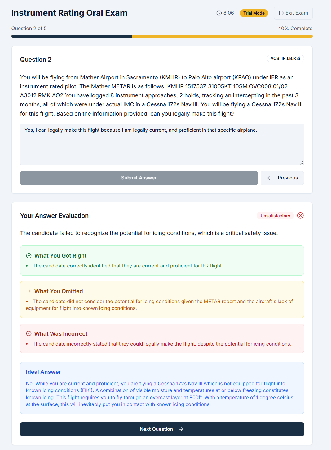 Example of ReadyForCheckride mock oral exam interface showing question, answer evaluation, and detailed feedback